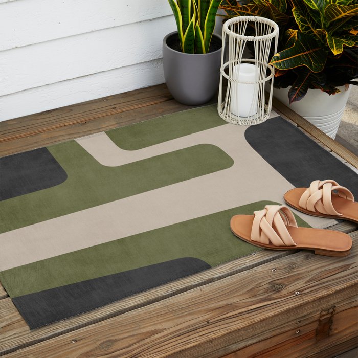Olive Green Black Abstract Modern Artwork Outdoor Rug Gallery Image 2