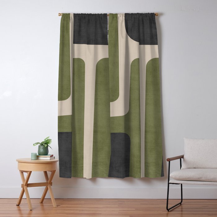 Olive Green Black Abstract Modern Artwork Window Curtain Gallery Image 1