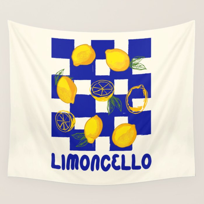 Limoncello Retro Blue Checkered Lemon Wall Tapestry Gallery Image 4