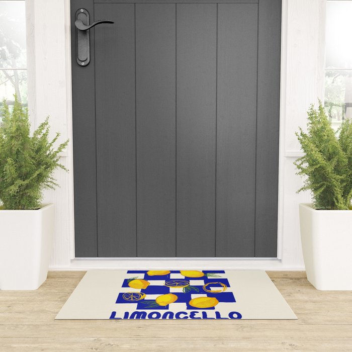 Limoncello Retro Blue Checkered Lemon Welcome Mat Gallery Image 3