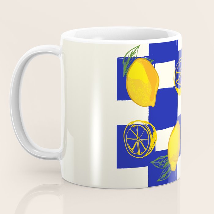 Limoncello Retro Blue Checkered Lemon Coffee Mug Gallery Image 3