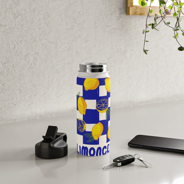 Limoncello Retro Blue Checkered Lemon Water Bottle Gallery Image 4