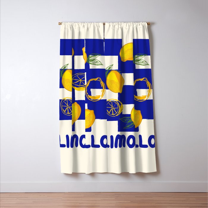 Limoncello Retro Blue Checkered Lemon Window Curtain Gallery Image 3