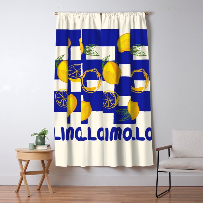 Limoncello Retro Blue Checkered Lemon Window Curtain Gallery Image 5