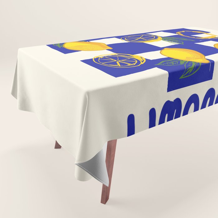 Limoncello Retro Blue Checkered Lemon Tablecloth Gallery Image 1