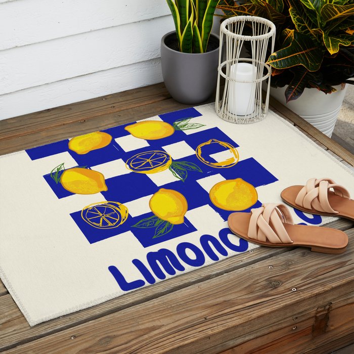 Limoncello Retro Blue Checkered Lemon Outdoor Rug Gallery Image 2