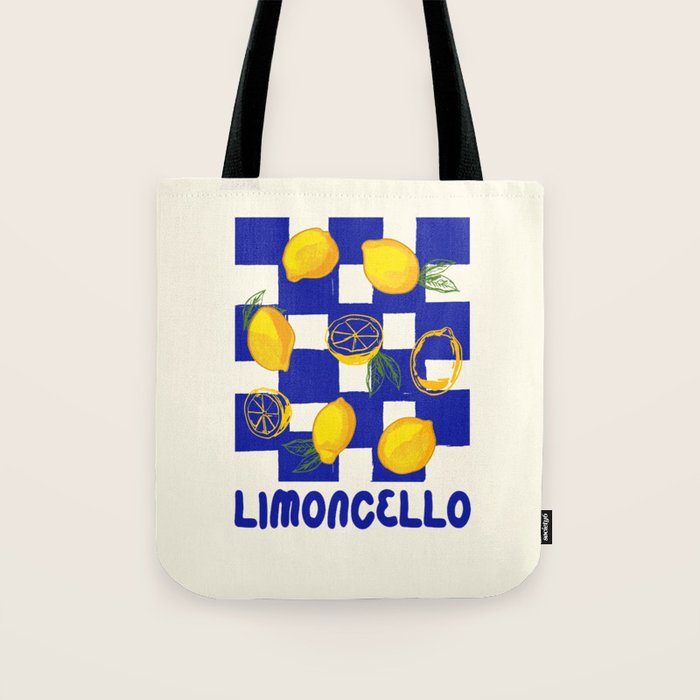Limoncello Retro Blue Checkered Lemon Tote Bag Gallery Image 1