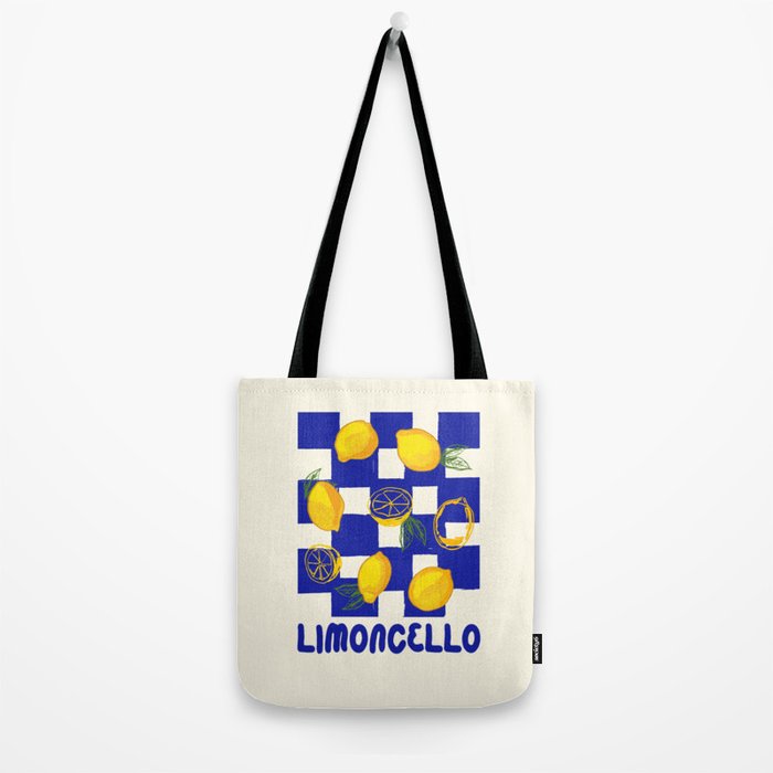 Limoncello Retro Blue Checkered Lemon Tote Bag Gallery Image 2