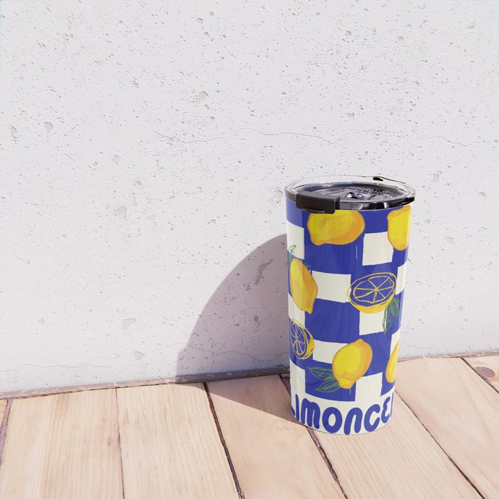 Limoncello Retro Blue Checkered Lemon Travel Mug Gallery Image 4