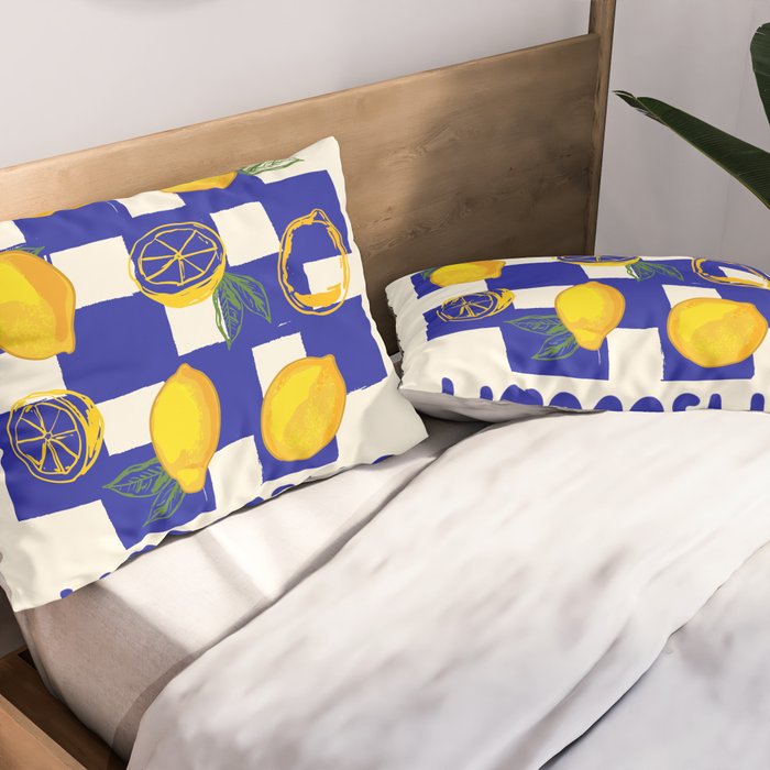 Limoncello Retro Blue Checkered Lemon Pillow Sham Gallery Image 2