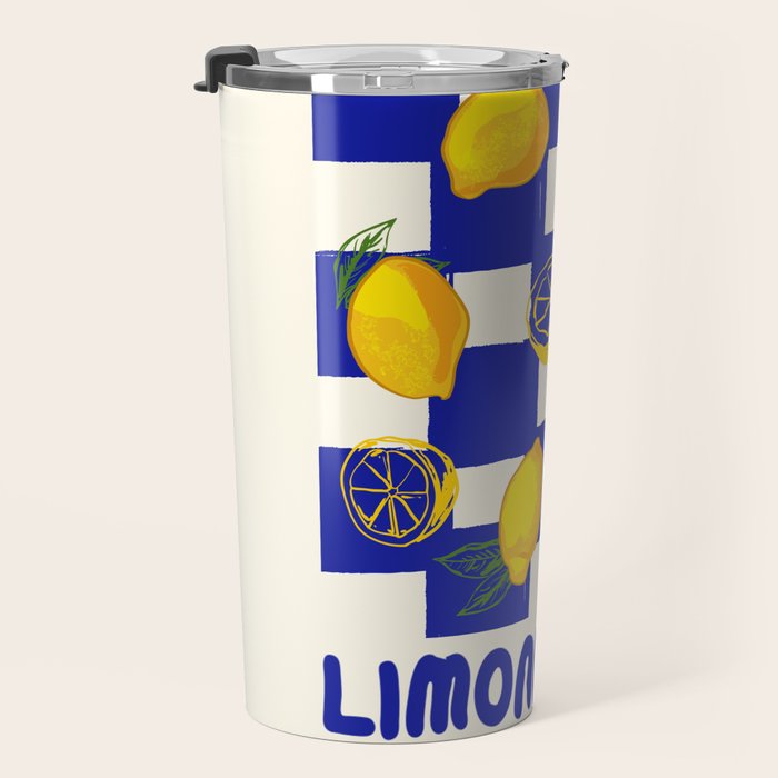 Limoncello Retro Blue Checkered Lemon Travel Mug Gallery Image 3