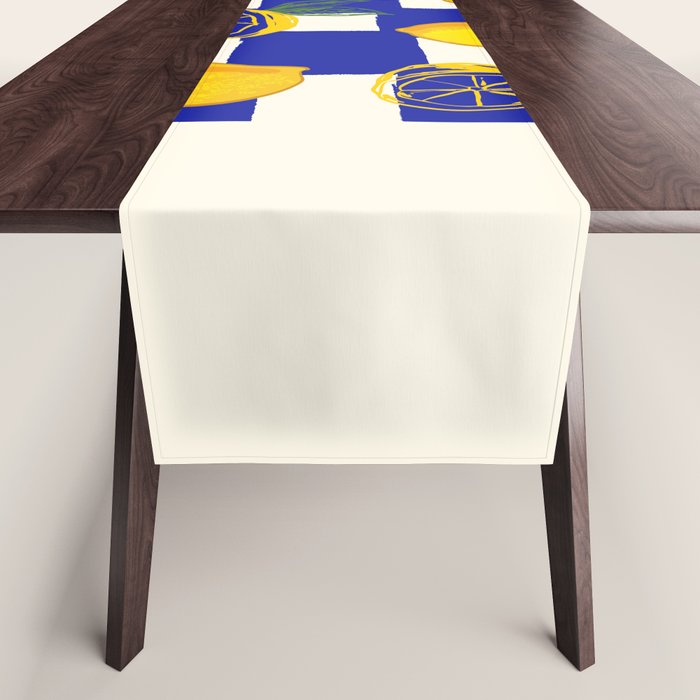 Limoncello Retro Blue Checkered Lemon Table Runner Gallery Image 1