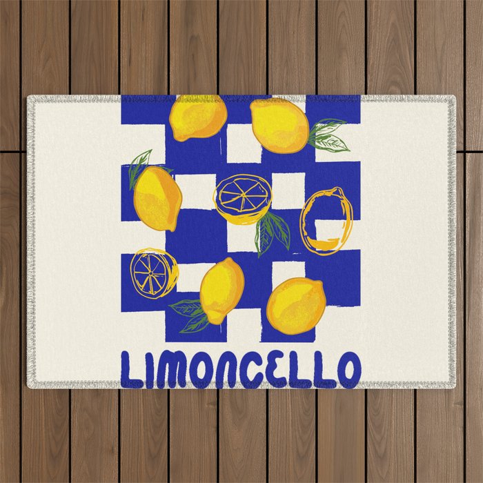 Limoncello Retro Blue Checkered Lemon Outdoor Rug Gallery Image 1