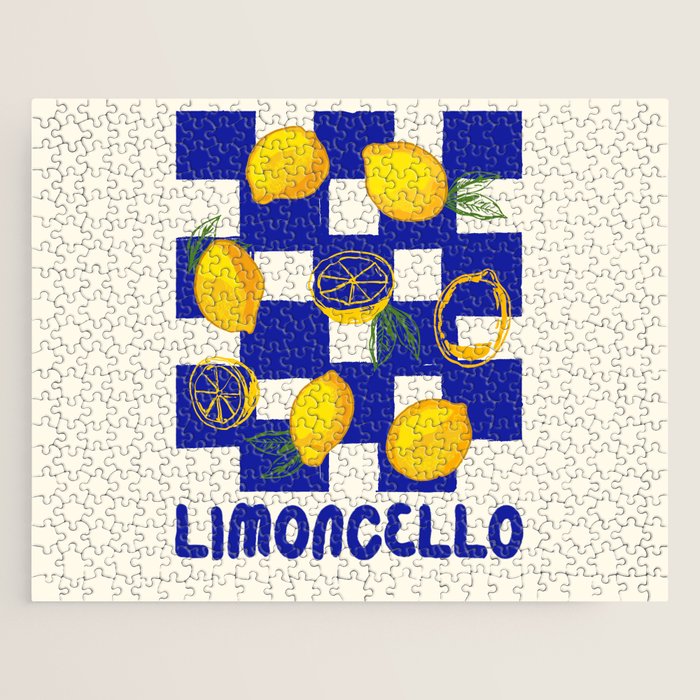 Limoncello Retro Blue Checkered Lemon Jigsaw Puzzle Gallery Image 1