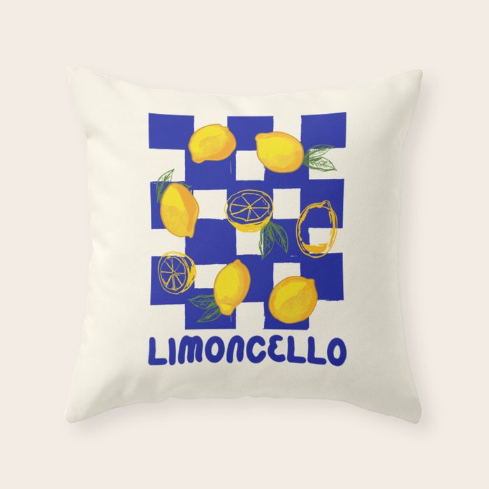 Limoncello Retro Blue Checkered Lemon Throw Pillow Gallery Image 1