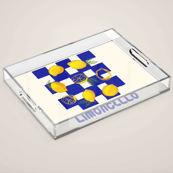 Limoncello Retro Blue Checkered Lemon Acrylic Tray Gallery Image 1