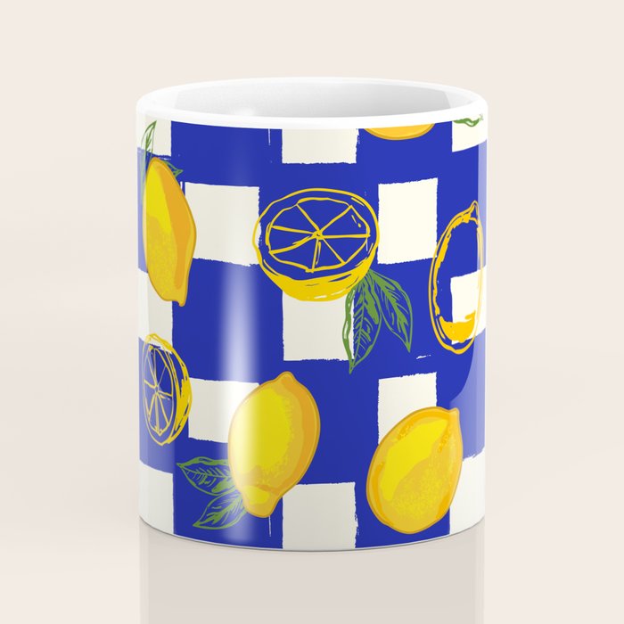Limoncello Retro Blue Checkered Lemon Coffee Mug Gallery Image 4