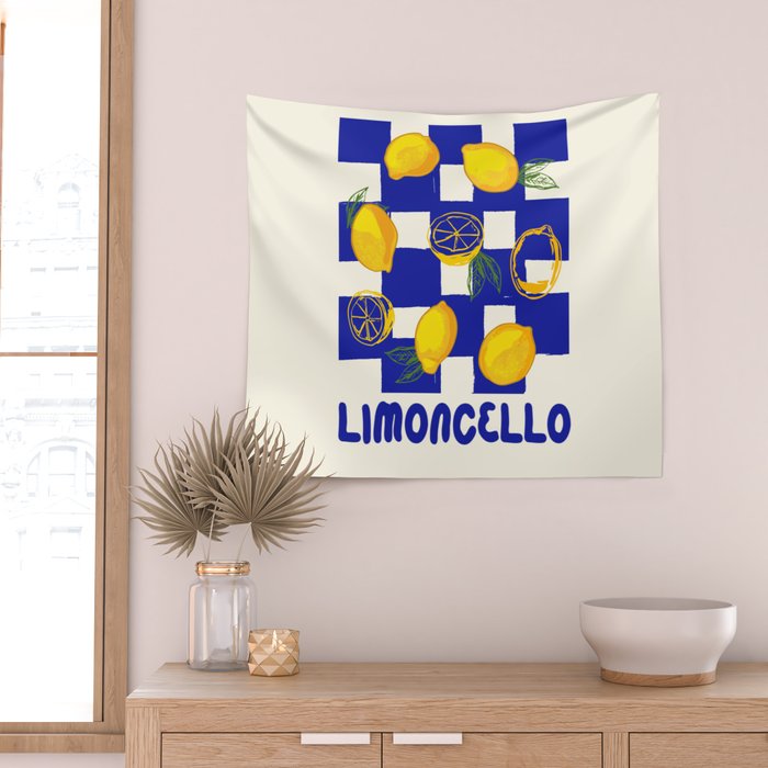 Limoncello Retro Blue Checkered Lemon Wall Tapestry Gallery Image 2