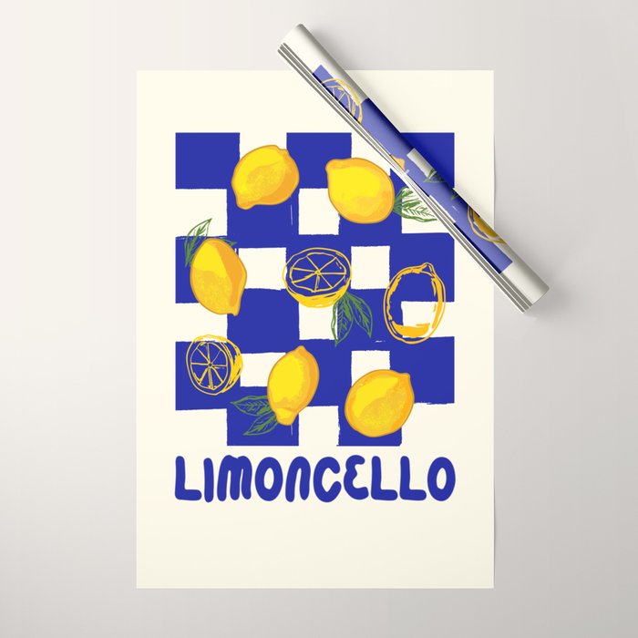 Limoncello Retro Blue Checkered Lemon Wrapping Paper Gallery Image 1