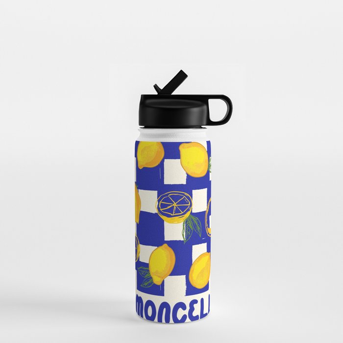 Limoncello Retro Blue Checkered Lemon Water Bottle Gallery Image 1