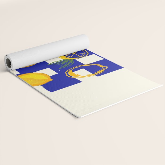 Limoncello Retro Blue Checkered Lemon Yoga Mat Gallery Image 2
