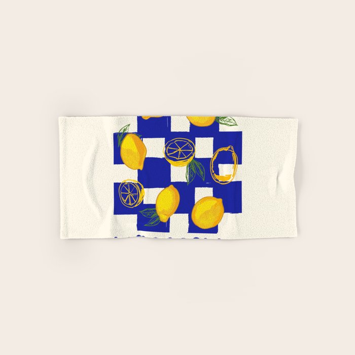 Limoncello Retro Blue Checkered Lemon Bath Towel Gallery Image 1