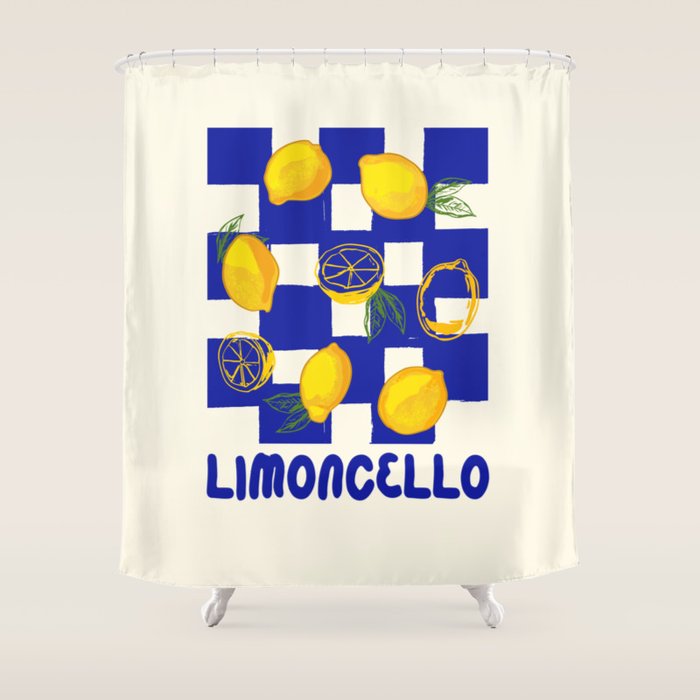 Limoncello Retro Blue Checkered Lemon Shower Curtain Gallery Image 1