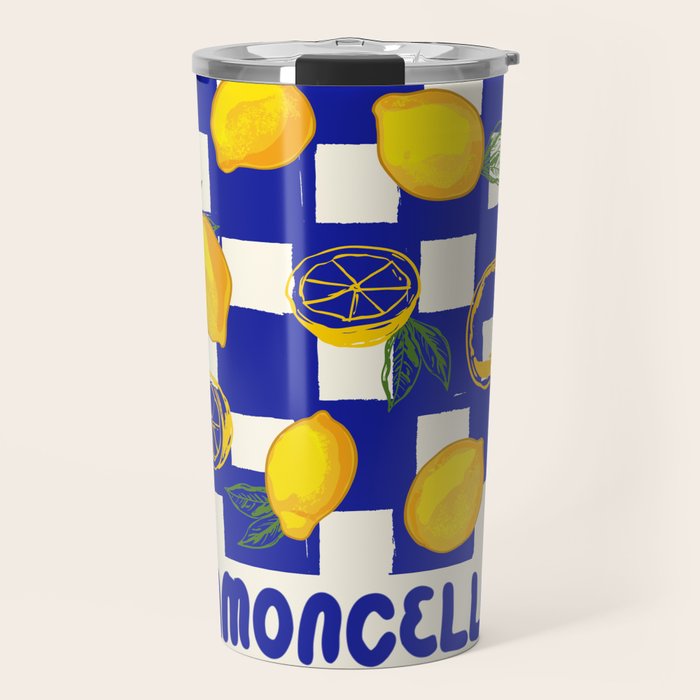 Limoncello Retro Blue Checkered Lemon Travel Mug Gallery Image 1