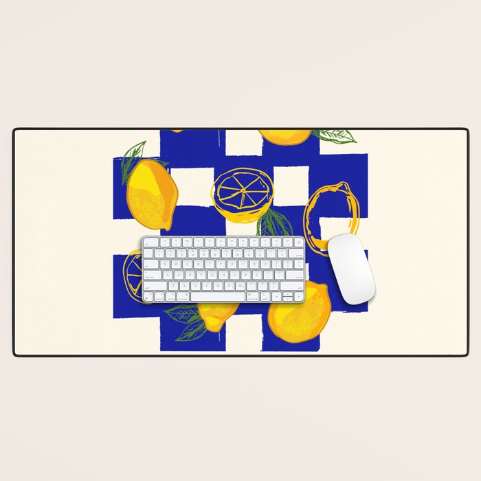 Limoncello Retro Blue Checkered Lemon Desk Mat Gallery Image 1