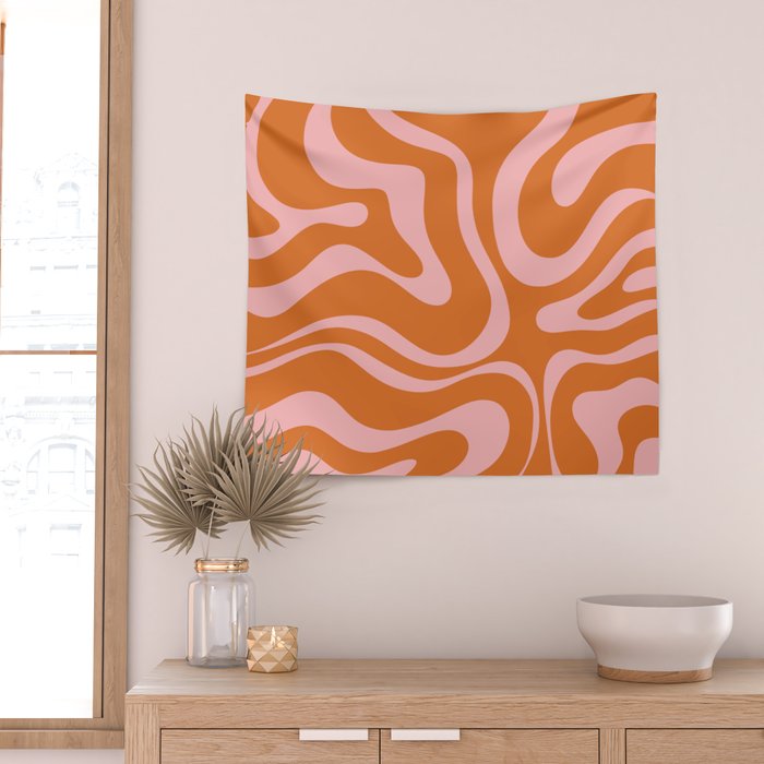Liquid Candy Retro Swirl Abstract Pattern in Orange and Pink Wall Tapestry Gallery Image 2