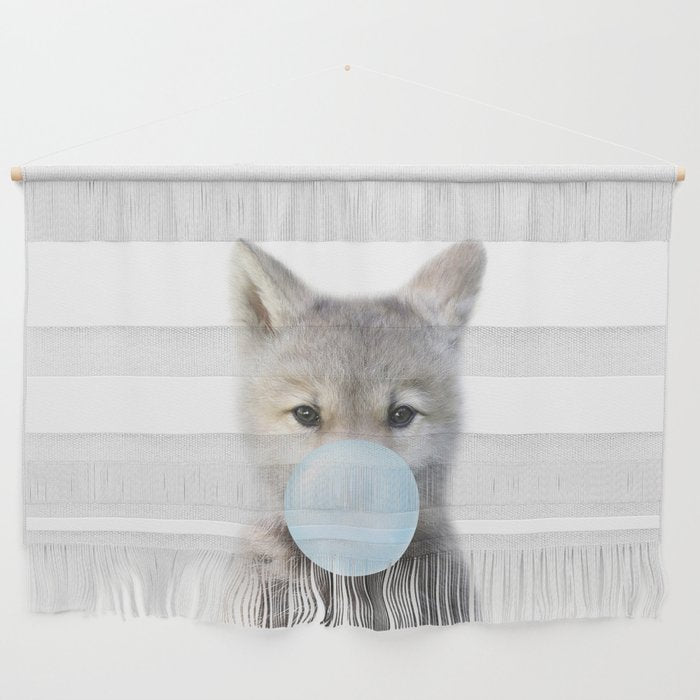 Baby Wolf Blowing Blue Bubble Gum, Baby Boy, Kids, Baby Animals Art Print by Synplus Wall Hanging