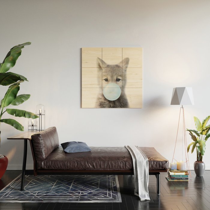 Baby Wolf Blowing Blue Bubble Gum, Baby Boy, Kids, Baby Animals Art Print by Synplus Wood Wall Art Gallery Image 2