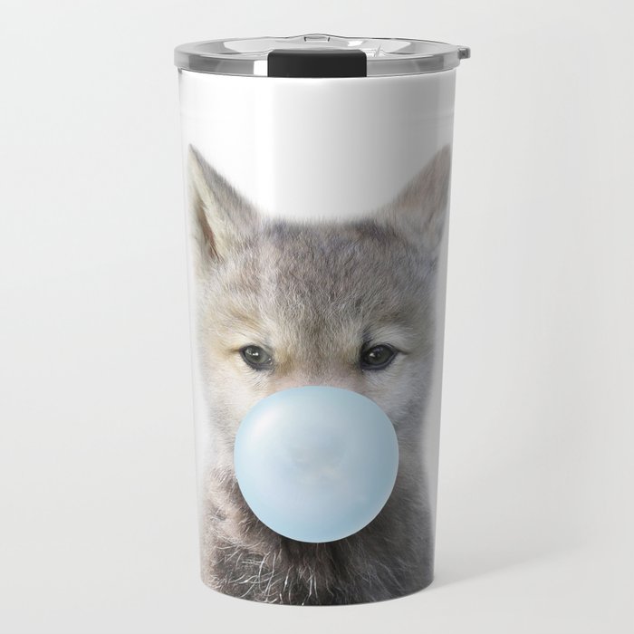 Baby Wolf Blowing Blue Bubble Gum, Baby Boy, Kids, Baby Animals Art Print by Synplus Travel Mug Gallery Image 1