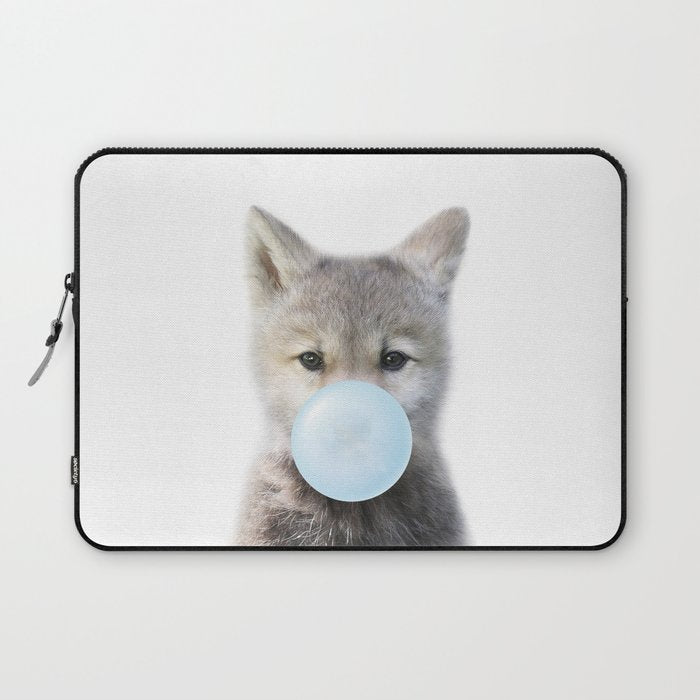 Baby Wolf Blowing Blue Bubble Gum, Baby Boy, Kids, Baby Animals Art Print by Synplus Laptop Sleeve Gallery Image 1