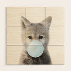 Baby Wolf Blowing Blue Bubble Gum, Baby Boy, Kids, Baby Animals Art Print by Synplus Wood Wall Art Gallery Image 1