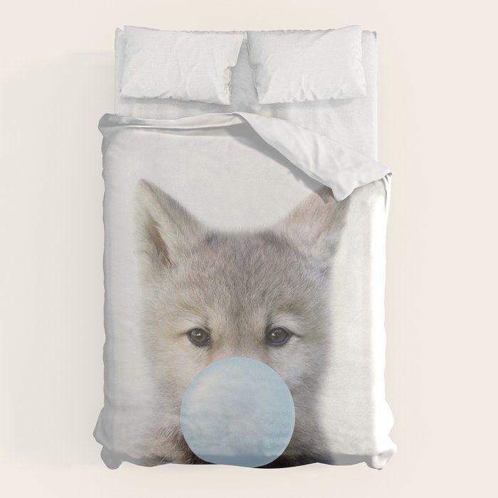 Baby Wolf Blowing Blue Bubble Gum, Baby Boy, Kids, Baby Animals Art Print by Synplus Duvet Cover