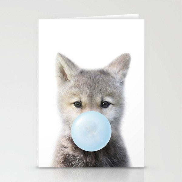 Baby Wolf Blowing Blue Bubble Gum, Baby Boy, Kids, Baby Animals Art Print by Synplus Stationery Card Gallery Image 1