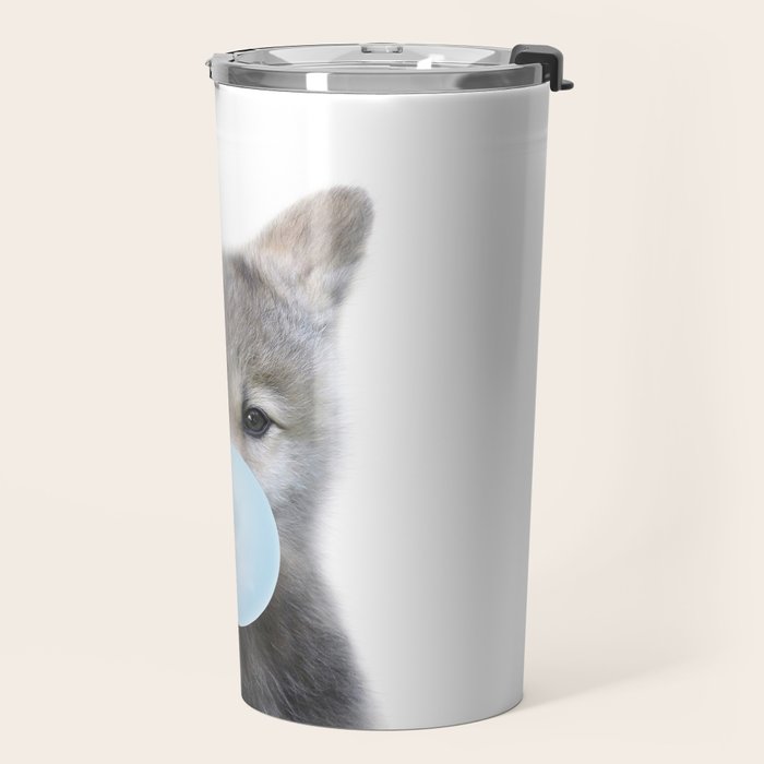 Baby Wolf Blowing Blue Bubble Gum, Baby Boy, Kids, Baby Animals Art Print by Synplus Travel Mug Gallery Image 2