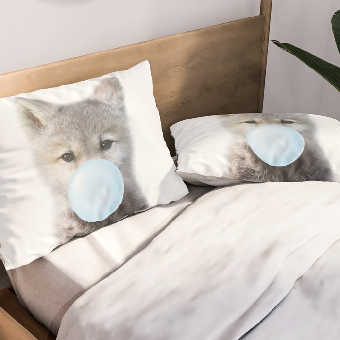 Baby Wolf Blowing Blue Bubble Gum, Baby Boy, Kids, Baby Animals Art Print by Synplus Pillow Sham Gallery Image 2