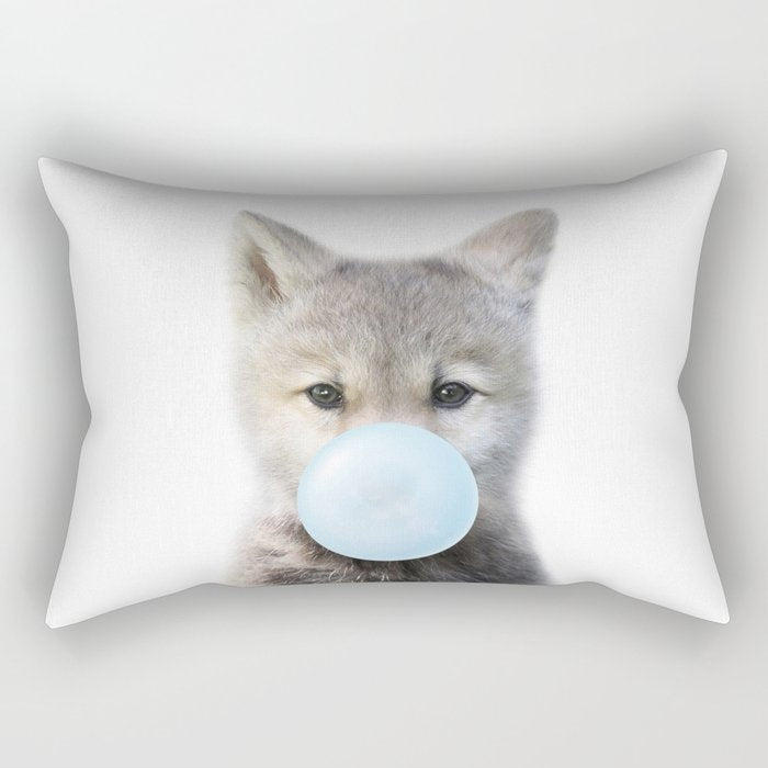 Baby Wolf Blowing Blue Bubble Gum, Baby Boy, Kids, Baby Animals Art Print by Synplus Rectangular Pillow Gallery Image 1