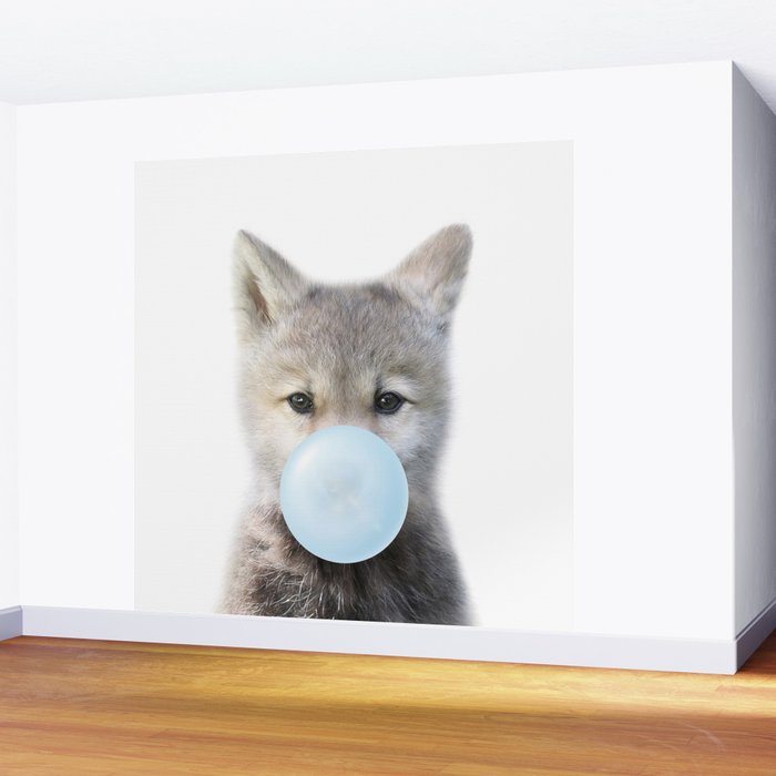 Baby Wolf Blowing Blue Bubble Gum, Baby Boy, Kids, Baby Animals Art Print by Synplus Wall Mural Gallery Image 2
