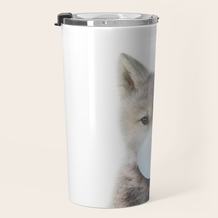 Baby Wolf Blowing Blue Bubble Gum, Baby Boy, Kids, Baby Animals Art Print by Synplus Travel Mug Gallery Image 3