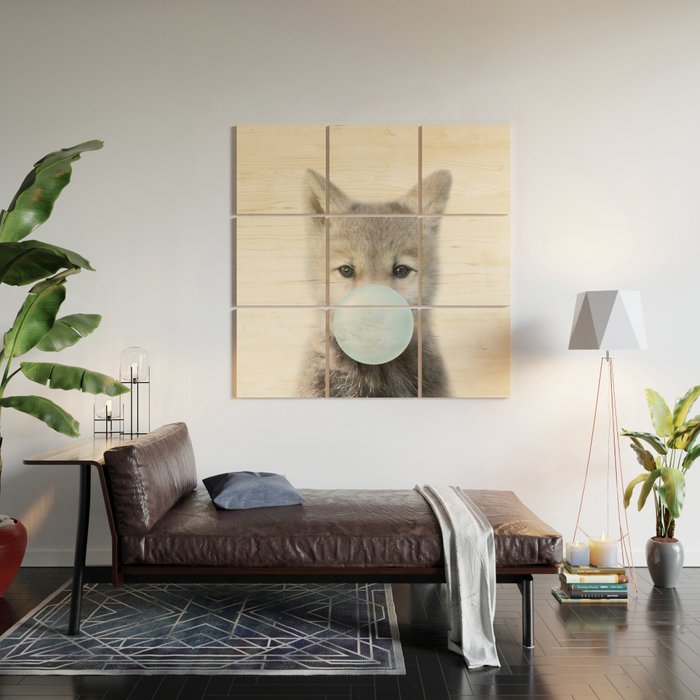 Baby Wolf Blowing Blue Bubble Gum, Baby Boy, Kids, Baby Animals Art Print by Synplus Wood Wall Art Gallery Image 2