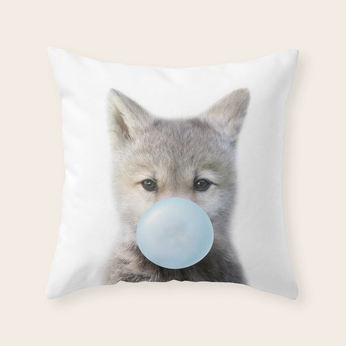 Baby Wolf Blowing Blue Bubble Gum, Baby Boy, Kids, Baby Animals Art Print by Synplus Throw Pillow Gallery Image 6