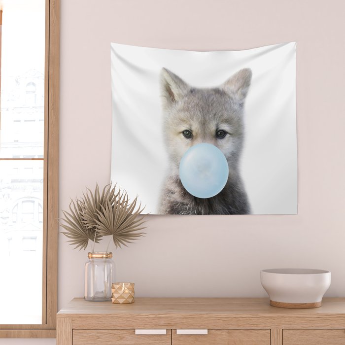 Baby Wolf Blowing Blue Bubble Gum, Baby Boy, Kids, Baby Animals Art Print by Synplus Wall Tapestry Gallery Image 2
