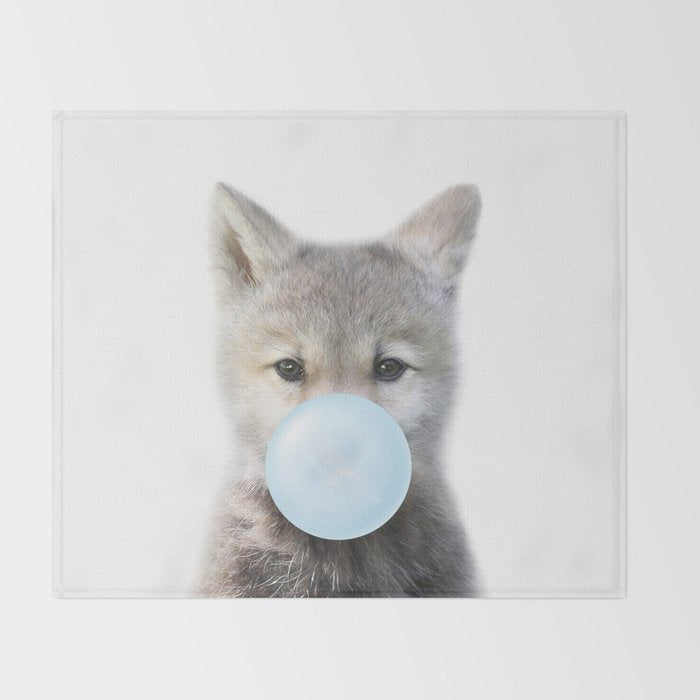 Baby Wolf Blowing Blue Bubble Gum, Baby Boy, Kids, Baby Animals Art Print by Synplus Throw Blanket Gallery Image 2