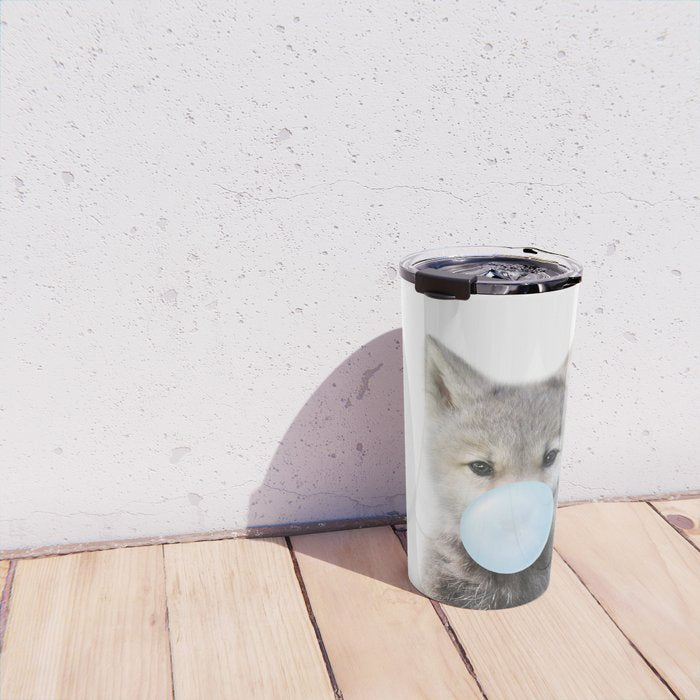 Baby Wolf Blowing Blue Bubble Gum, Baby Boy, Kids, Baby Animals Art Print by Synplus Travel Mug Gallery Image 4