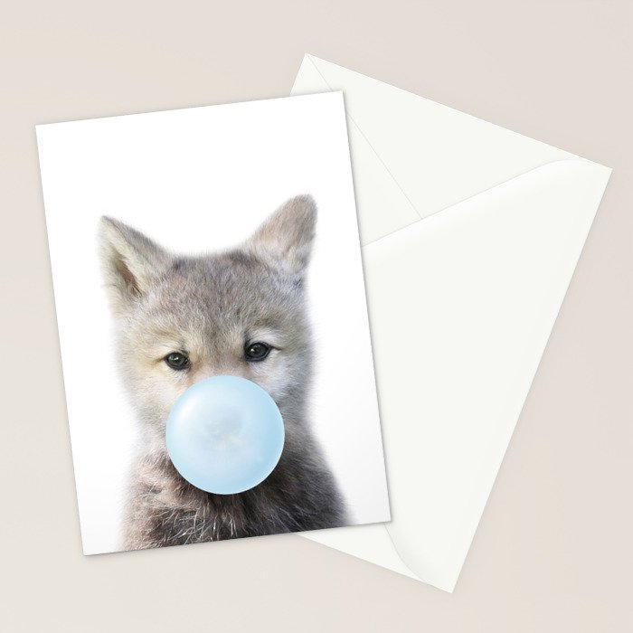 Baby Wolf Blowing Blue Bubble Gum, Baby Boy, Kids, Baby Animals Art Print by Synplus Stationery Card Gallery Image 2