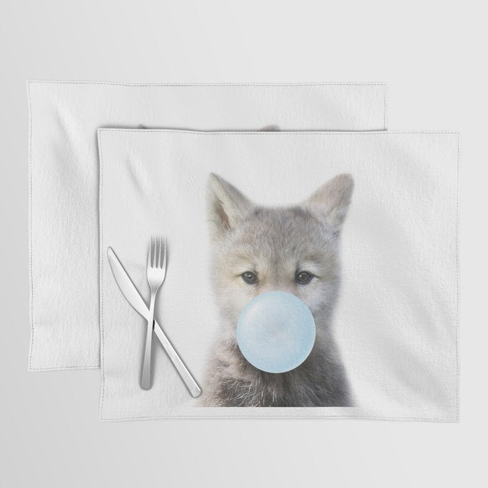 Baby Wolf Blowing Blue Bubble Gum, Baby Boy, Kids, Baby Animals Art Print by Synplus Placemat Gallery Image 1