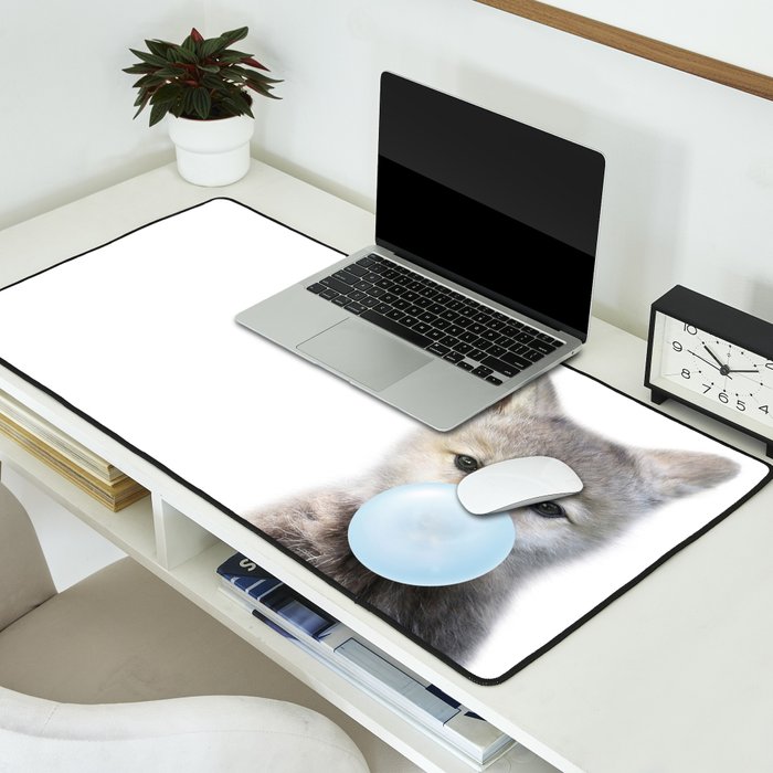 Baby Wolf Blowing Blue Bubble Gum, Baby Boy, Kids, Baby Animals Art Print by Synplus Desk Mat Gallery Image 2